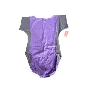 Vtg 80s 90s Colorblock Leotard Bodysuit Cap Sleeve purple Grey Large Made in USA